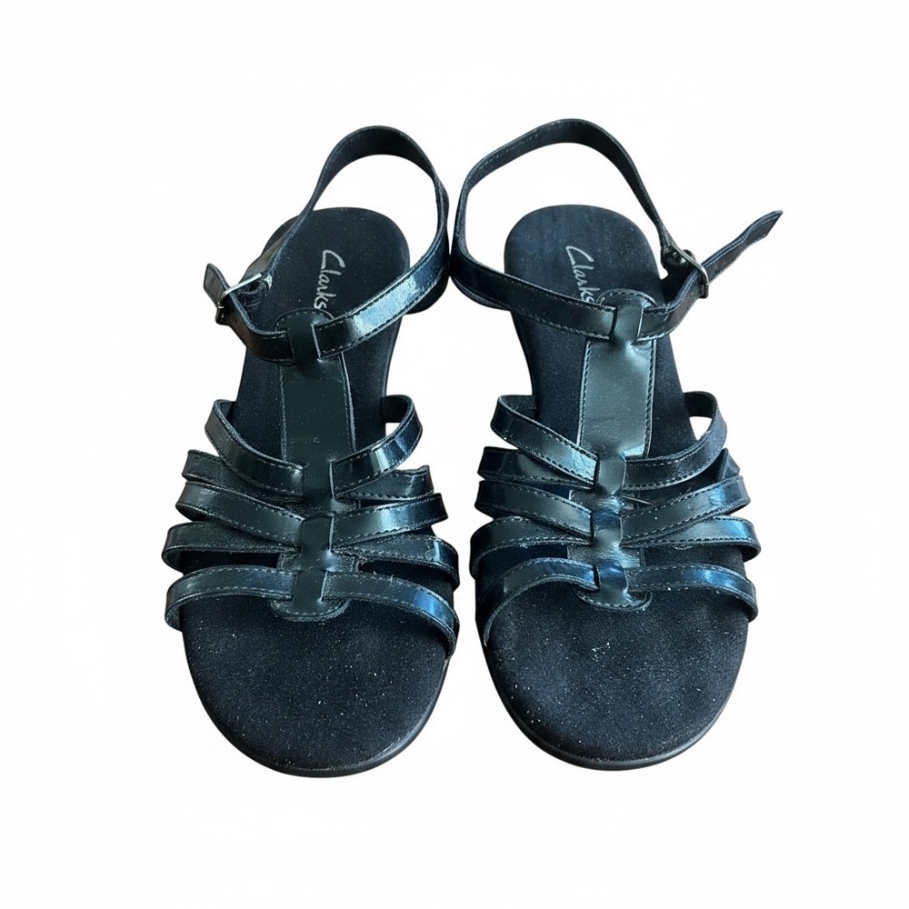 Clarks Women Black Patent Strappy Wedge Sandals Buckle Ankle Strap Size 9.5 M
